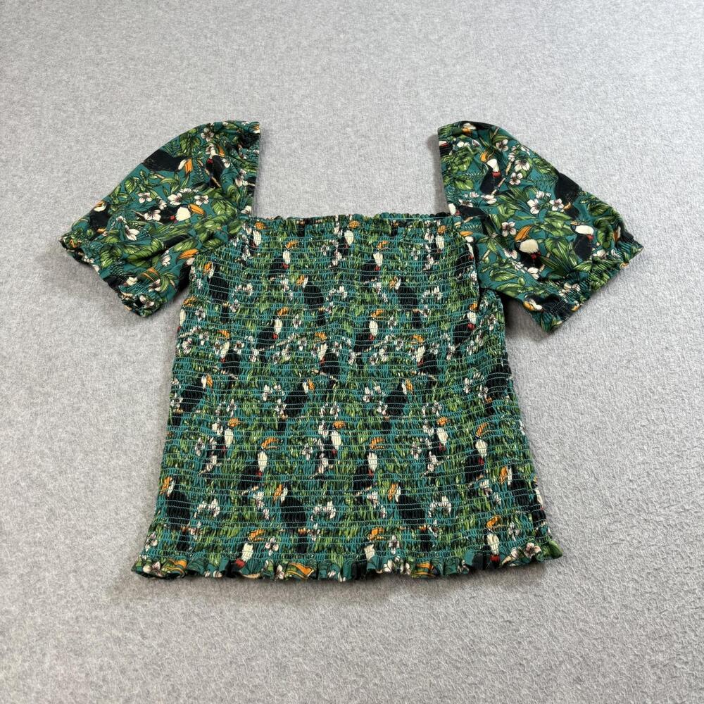 Dolan Top Womens XS Green Smocked Puff Sleeve Square Neck Toucan Tropical Boho